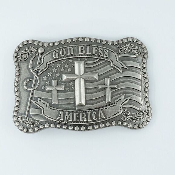 VTG 4 Belt Buckle St Justin Celtic Liberty Statue Sailing Ship God Bless America - Picture 10 of 16